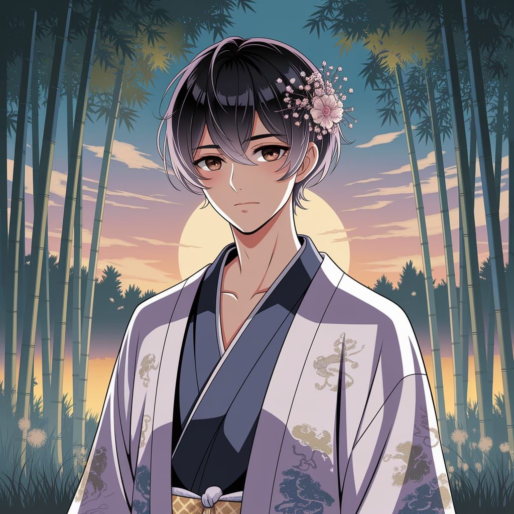 Anime Man in Bamboo Forest at Twilight