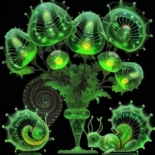Bioluminescent Fractal Plants in Glass Snail Shell
