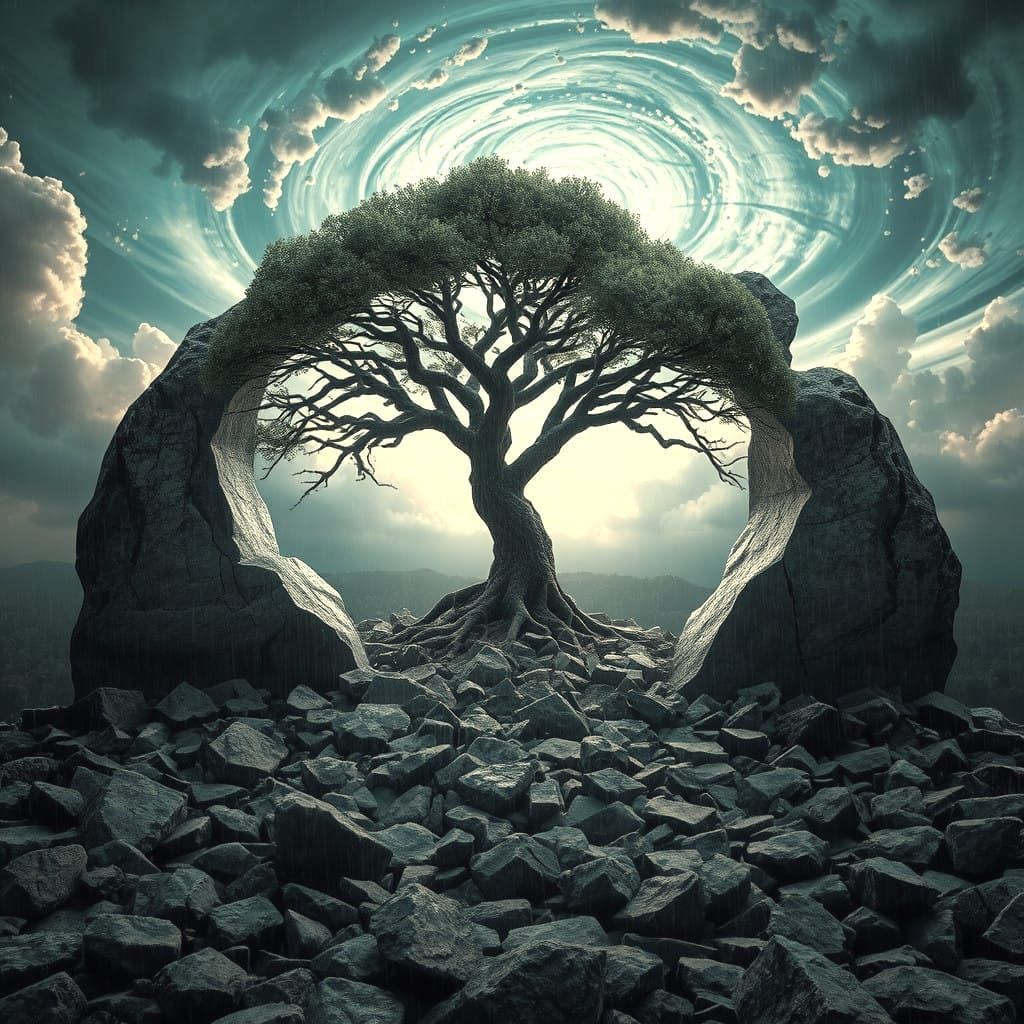 Surreal Fantasy Landscape Unveiled Through Crystal Portal