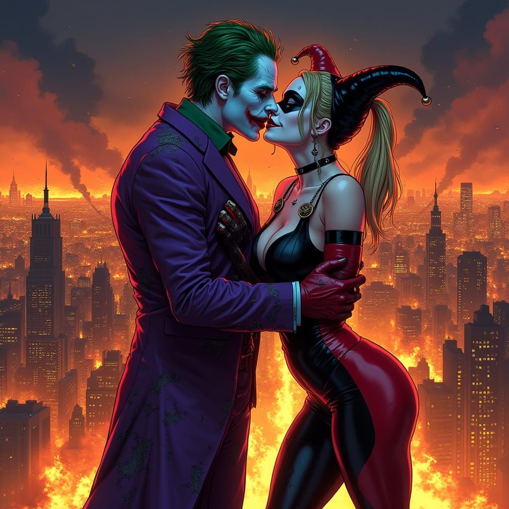 Cyberpunk Apocalypse: Joker and Harley's Fiery Kiss