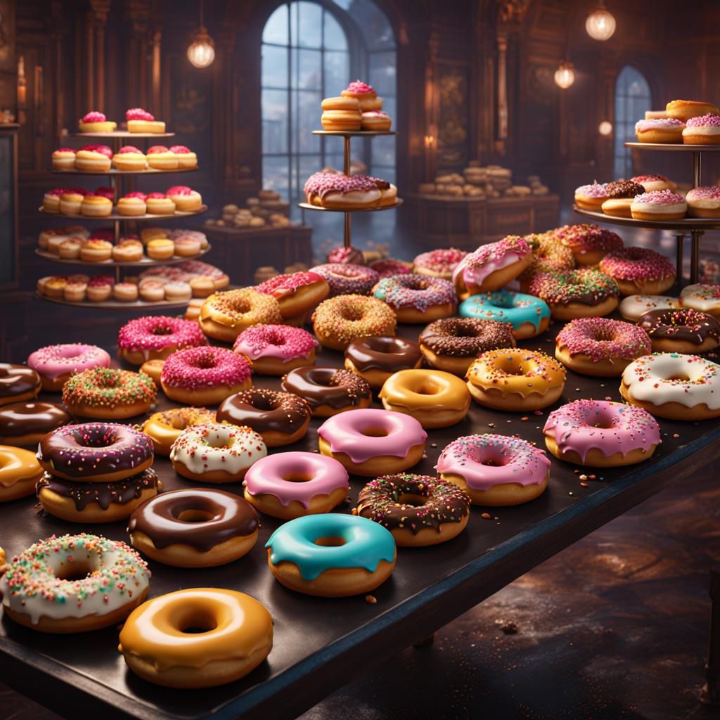 Variety of Frosted Donuts in Bakery: Fantasy Concept Art