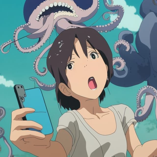 Octopus Selfie in Studio Ghibli Anime Style