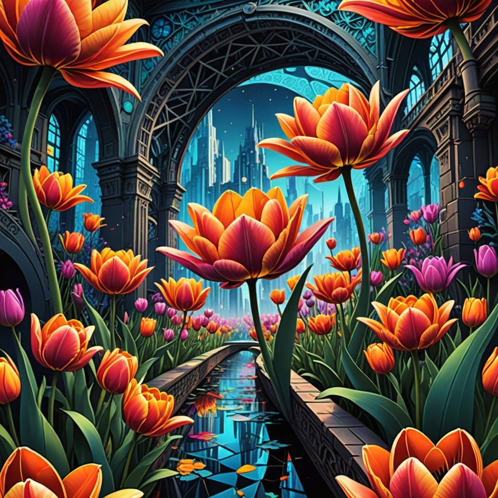 Vibrant Fractal Bridges with Unfolding Tulip Petals