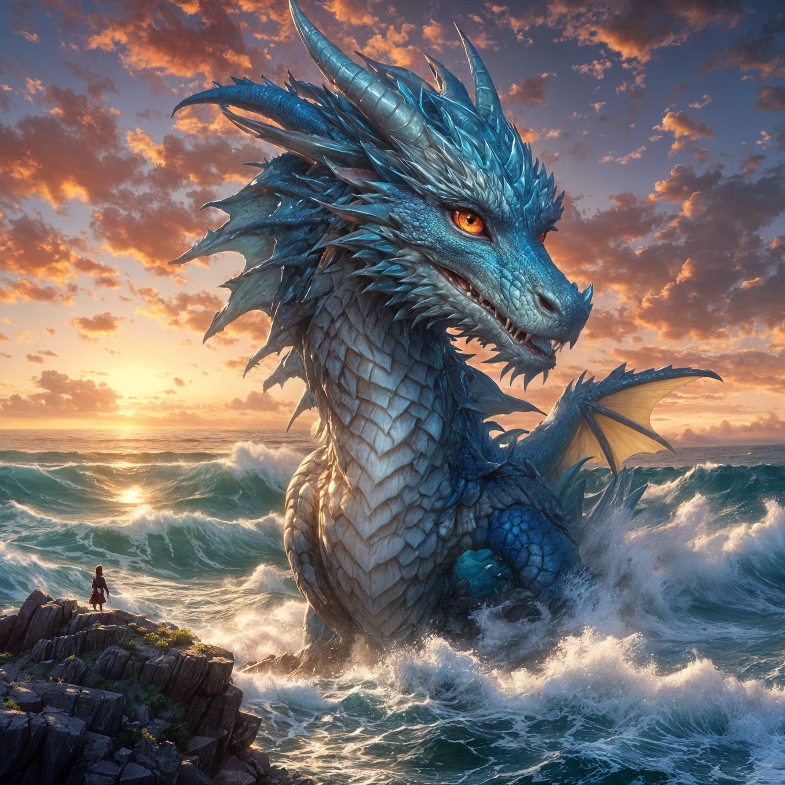 Anime Dragon Overlooking Ocean Sunset