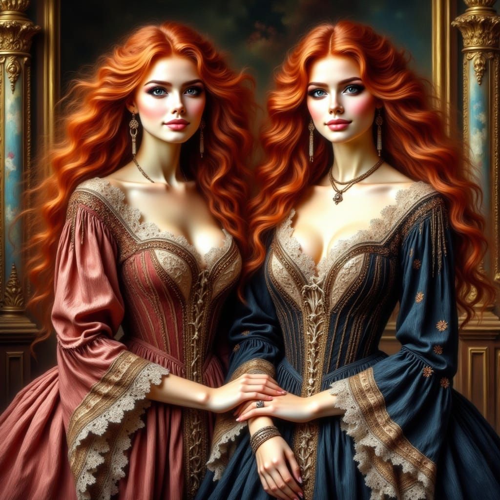Twin Red-Headed Women in Gilded Age Elegance