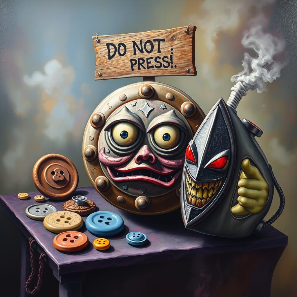 Whimsical Giant Metal Button with Warnings of Doom