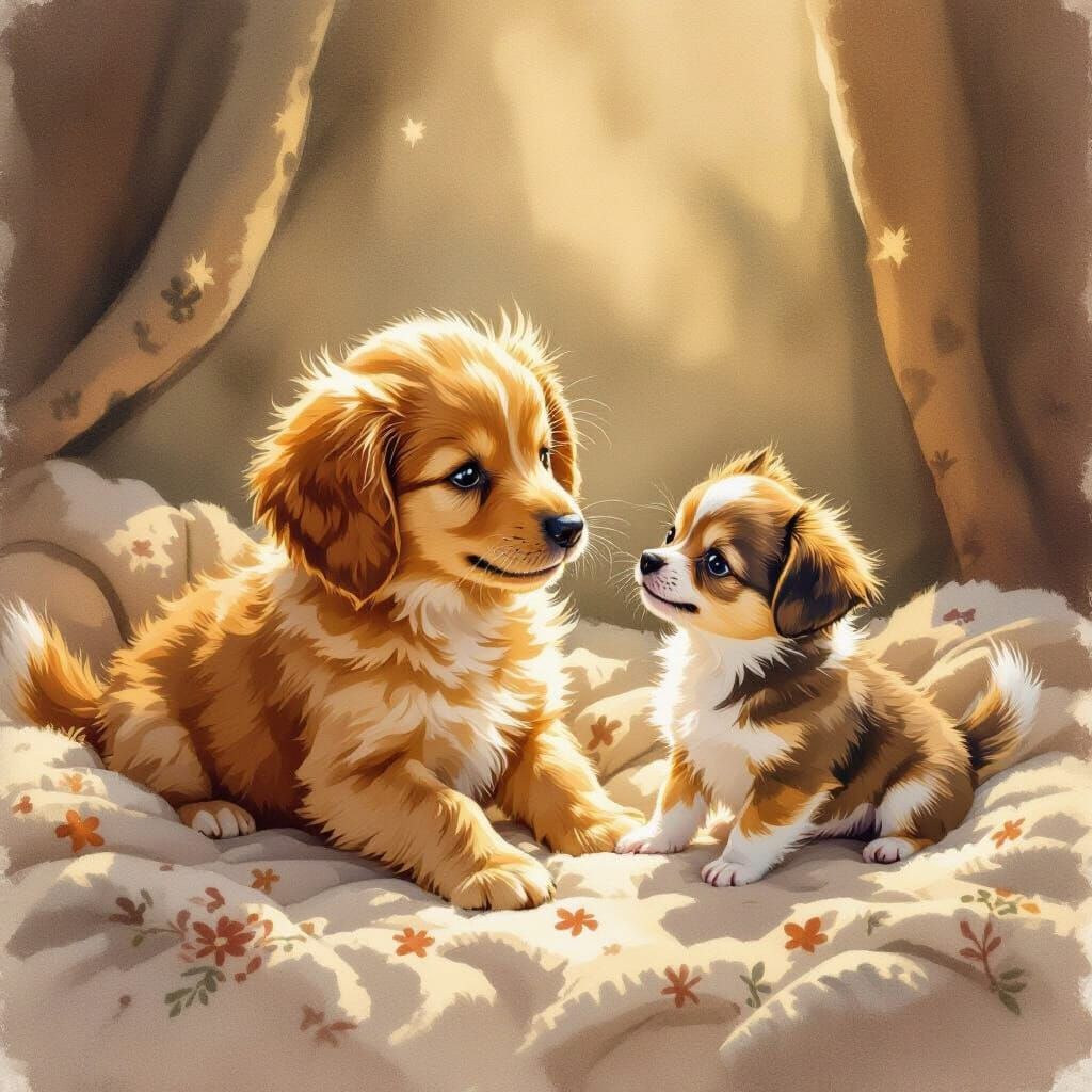 Irish Setter and Chihuahua Puppies in Watercolor Style