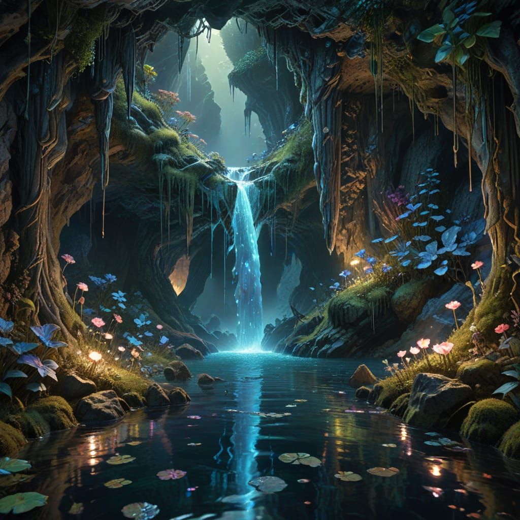 Ethereal Waterfall Cavern with Iridescent Stalactites