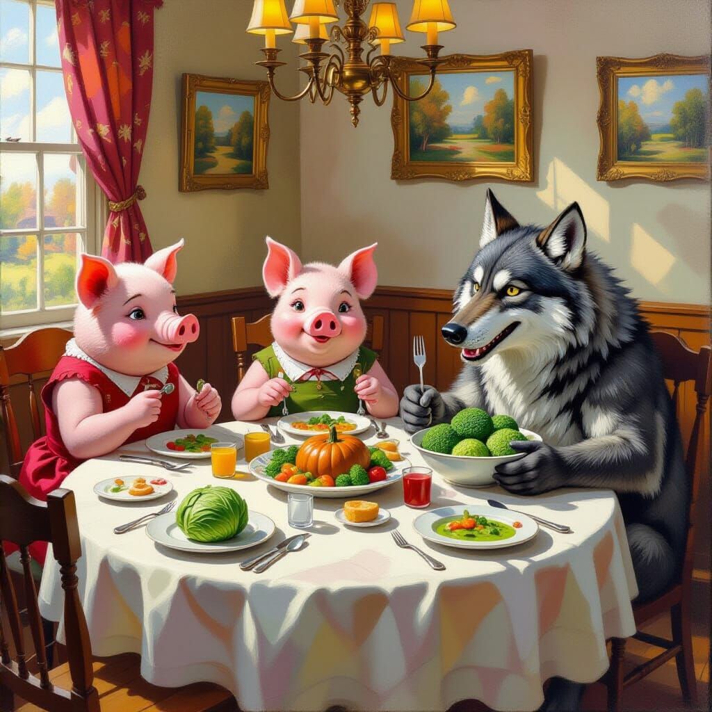 Impressionist Thanksgiving Feast with Pigs and Wolf