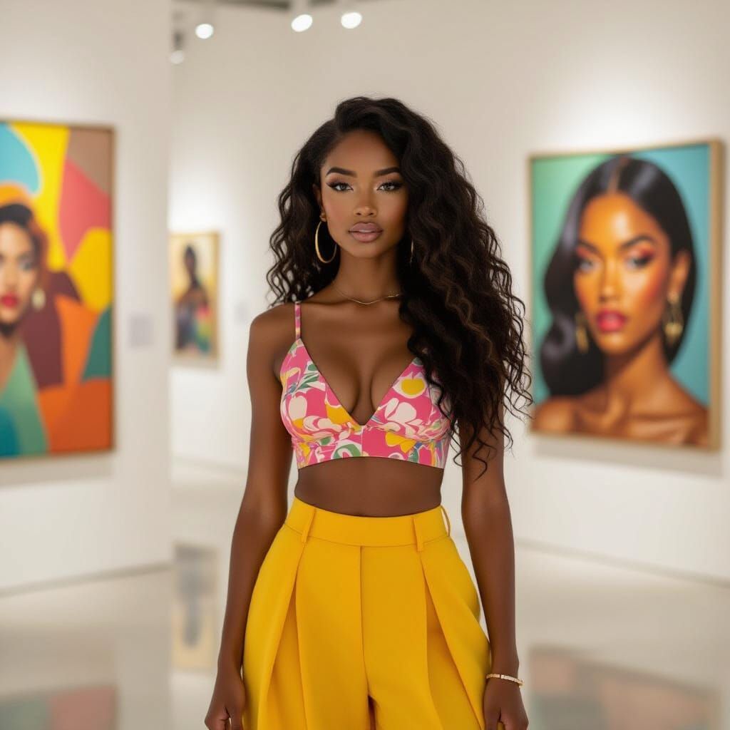 Modern Art Fashion: Black Woman in Pink Crop Top & Yellow Pa...