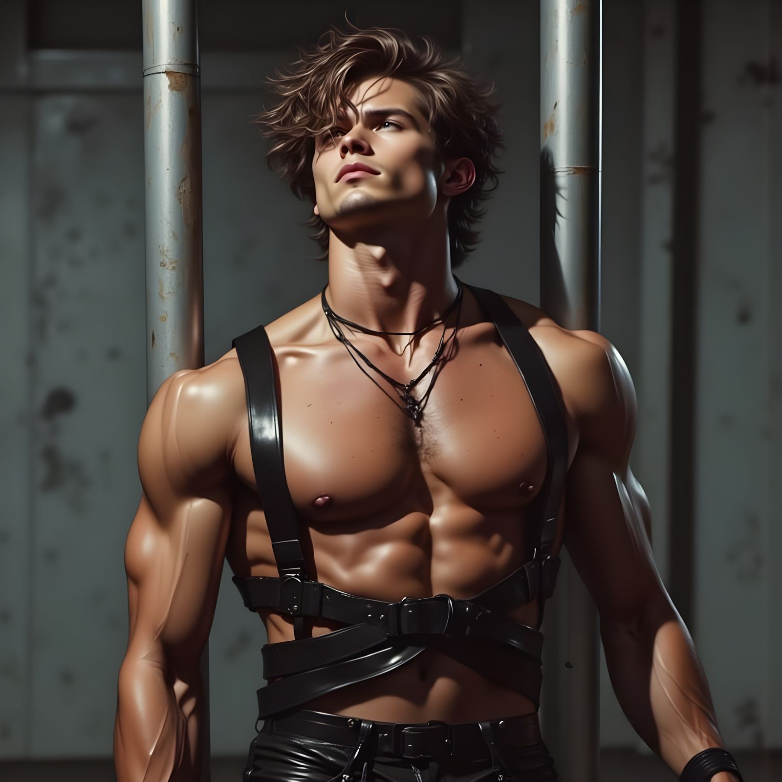 Muscular Man in Black Latex Harness Reflects Light