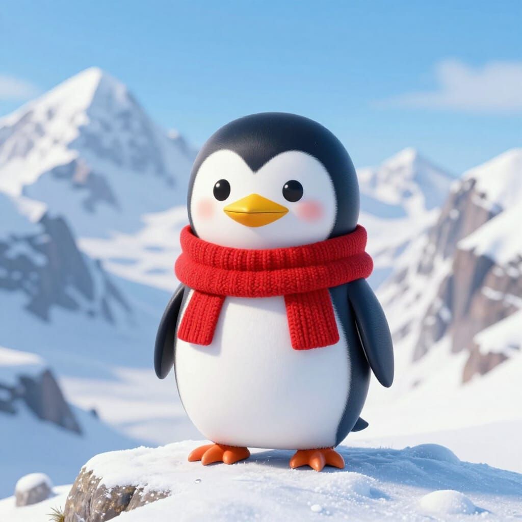 Cute 3D Penguin in Scarf on Snowy Mountain Peak