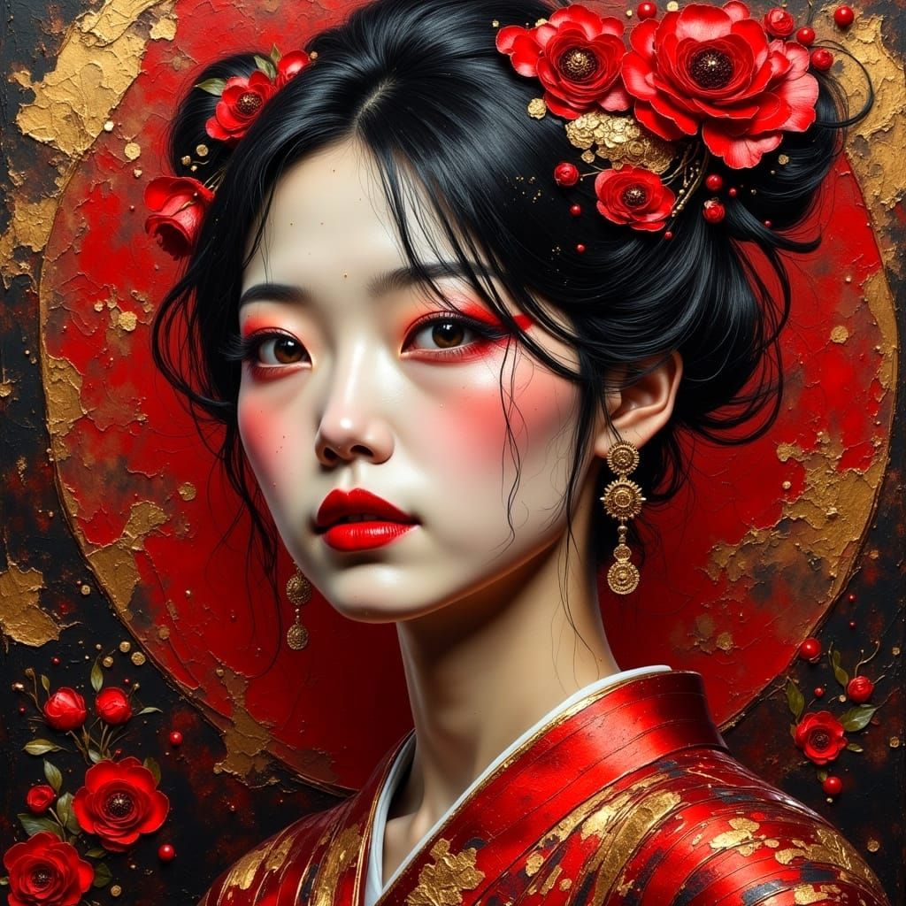 Surreal Oil Portrait of Japanese Woman with Vibrant Red Acce...