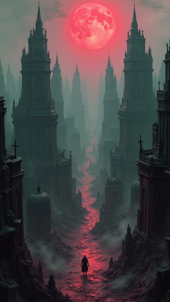 From a soaring bird's-eye view, a vast, cursed necropolis sprawls like a festering wound under a sky bleeding crimson an...