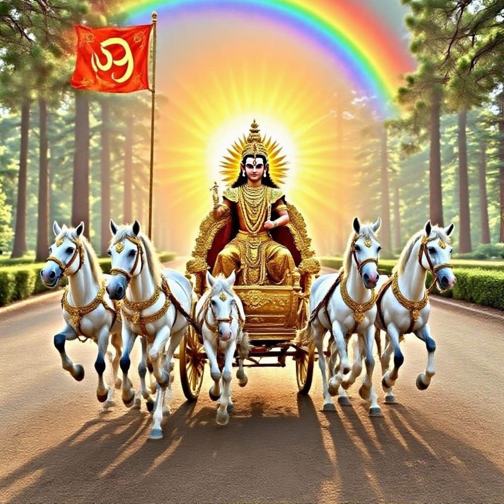 Hindu Sun God Rides Golden Chariot Pulled By White Horses