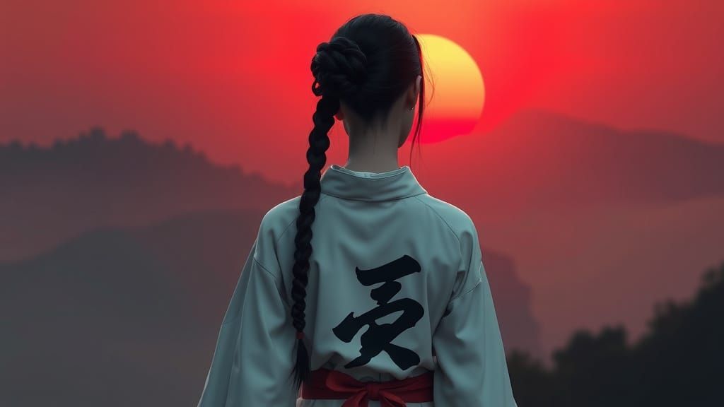 Serene Asian Woman Watches Sunset in Traditional Kimono