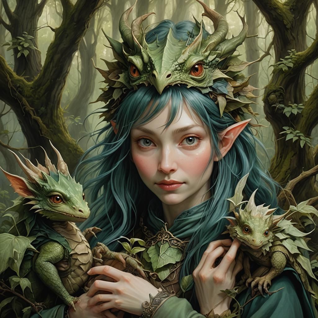 Person Holding Dragon in Forest, Fantasy Art