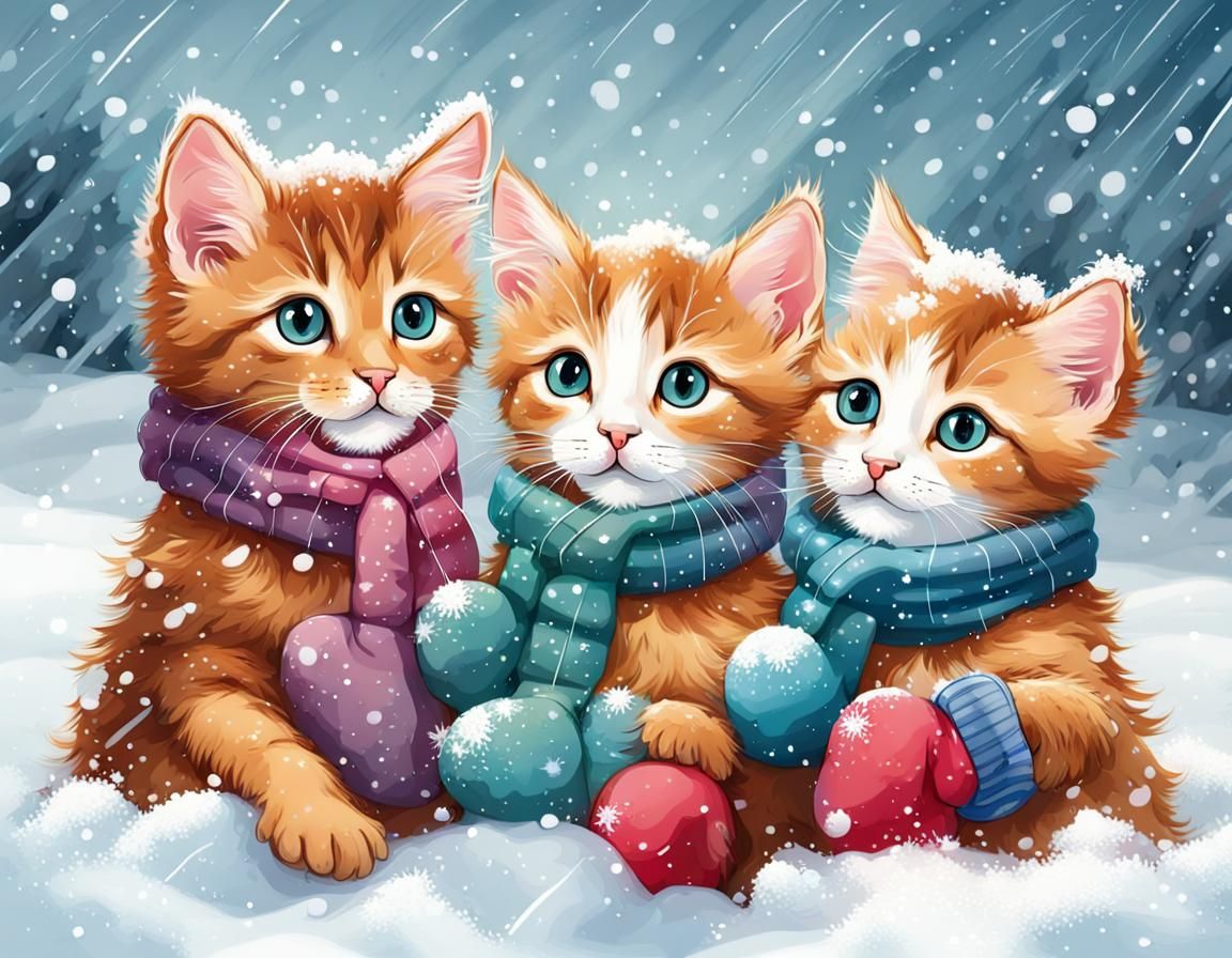 Kittens Playing in the Snow: Winter Illustration