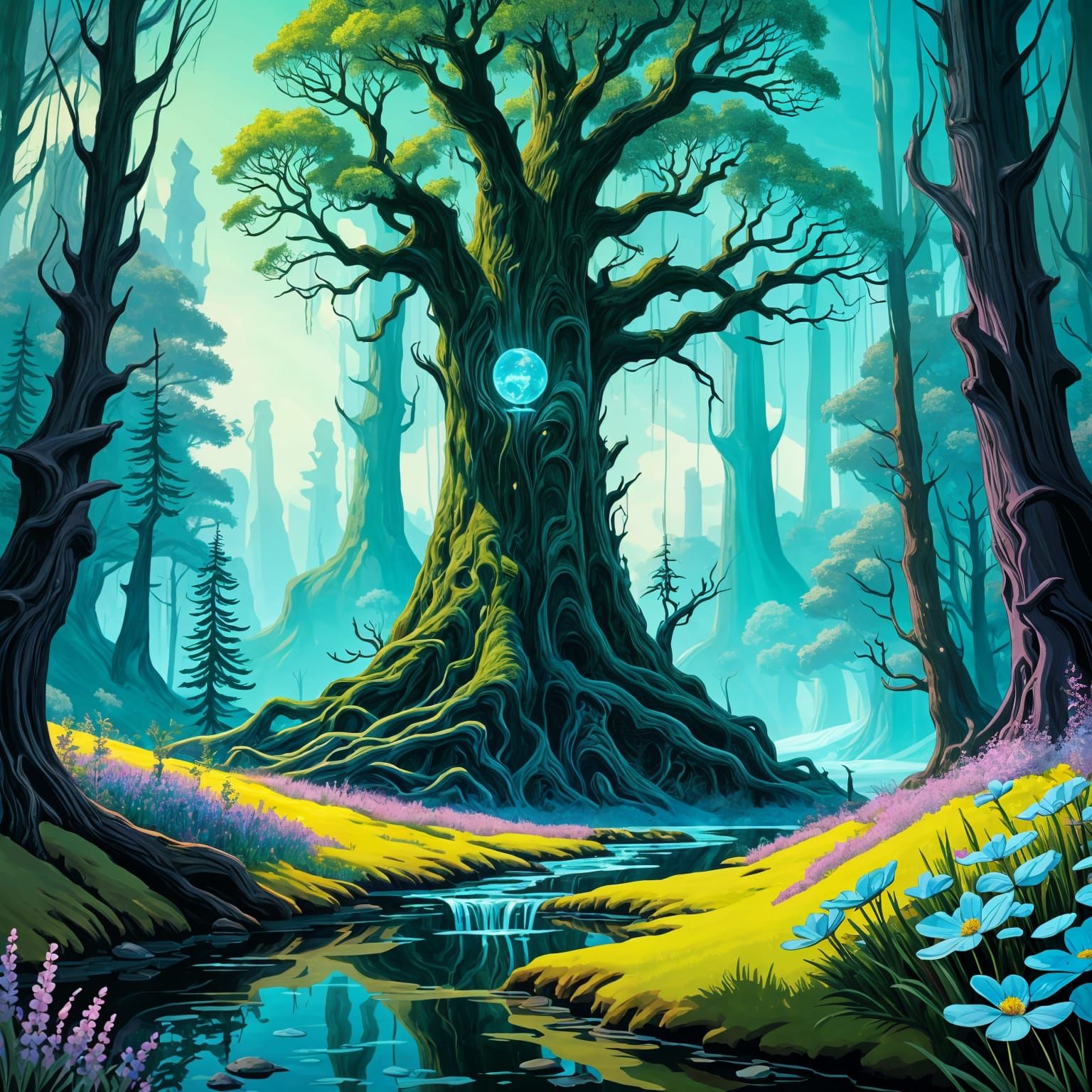 Ethereal Forest Glade with Ancient Tree