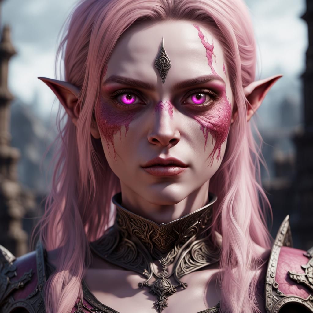 Pink-Eyed Half-Orc Portrait in Detailed Matte Painting