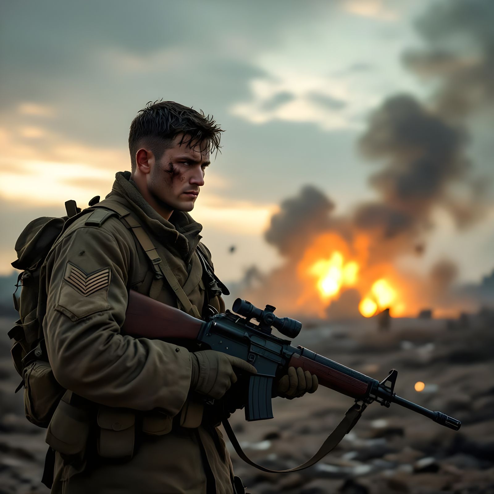 Lone Soldier on Desolate Battlefield in Ultra-Realistic Styl...