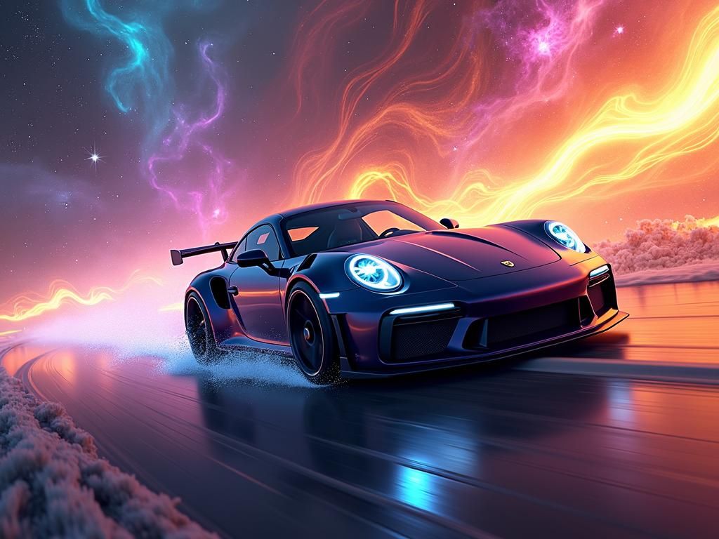 Futuristic Porsche 911 Soaring Through Nebula