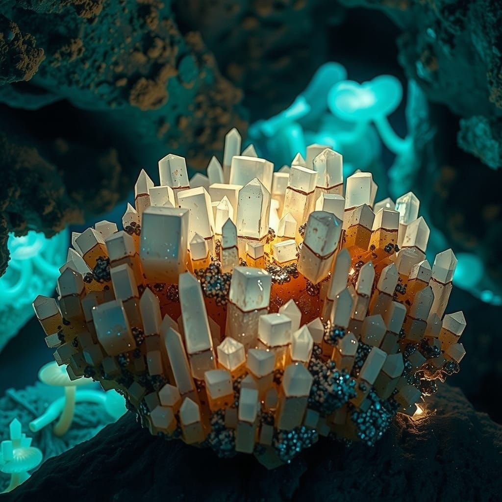 Bioluminescent Pyrite Crystal in Ethereal Cave, Macro Photog...