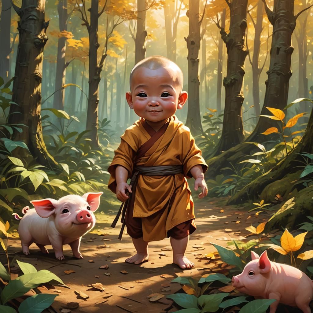 Joyful Baby Monk and Pig Selfie in Forest Clearing
