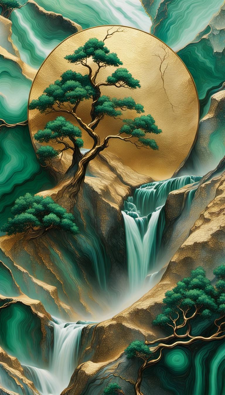 Yosemite Kintsugi Falls, combines gold, malachite, jade and ...