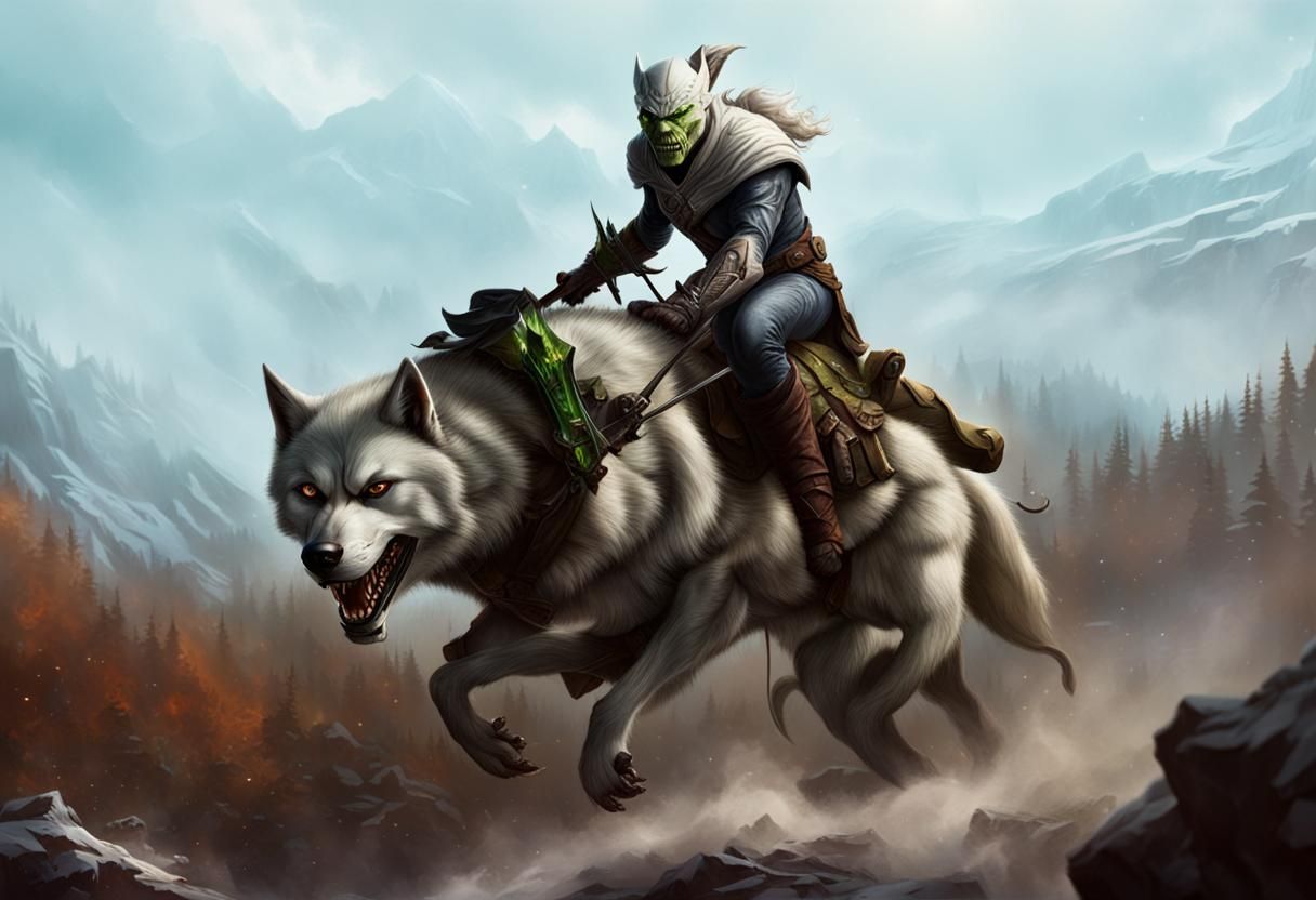 Green Goblin Rides a White Wolf in Snow