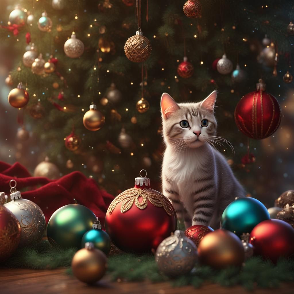 Festive Kittens Play with Christmas Ornaments
