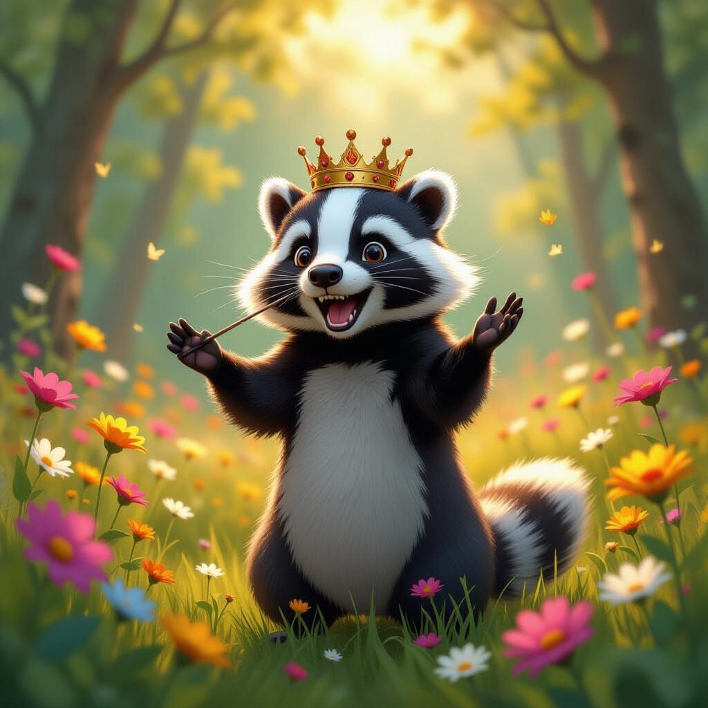 Anthropomorphic Badger Conducts Wildflower Symphony in Fores...