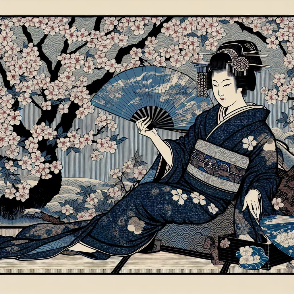 Kimono Woman in Cherry Garden, Ukiyo-e Style