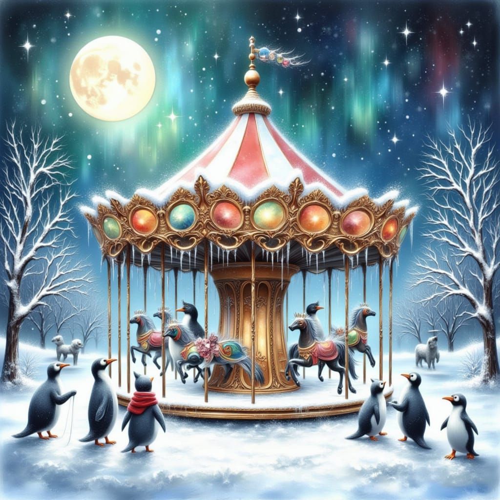 Penguins Watch Ethereal Aurora Over Frozen Carousel