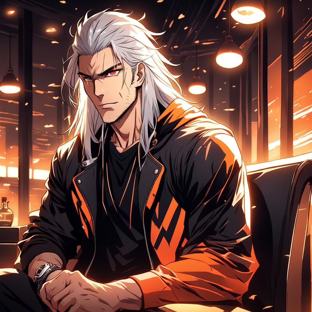 Anime-Style Young Man in Night Lounge, Cel-Shaded Art