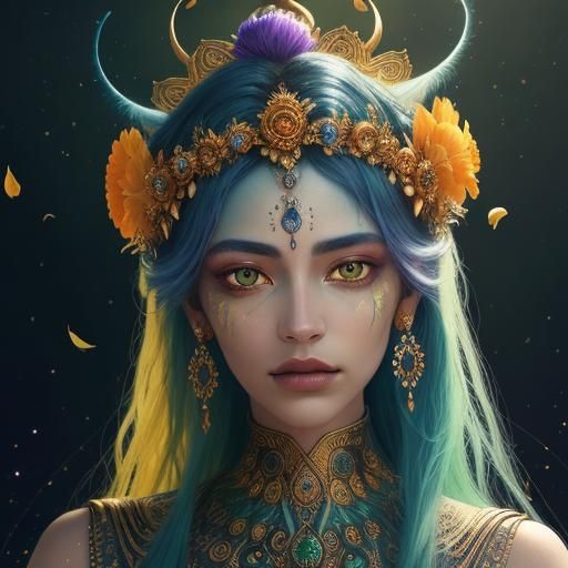 Woman with Gold Skin and Peacock Feathers