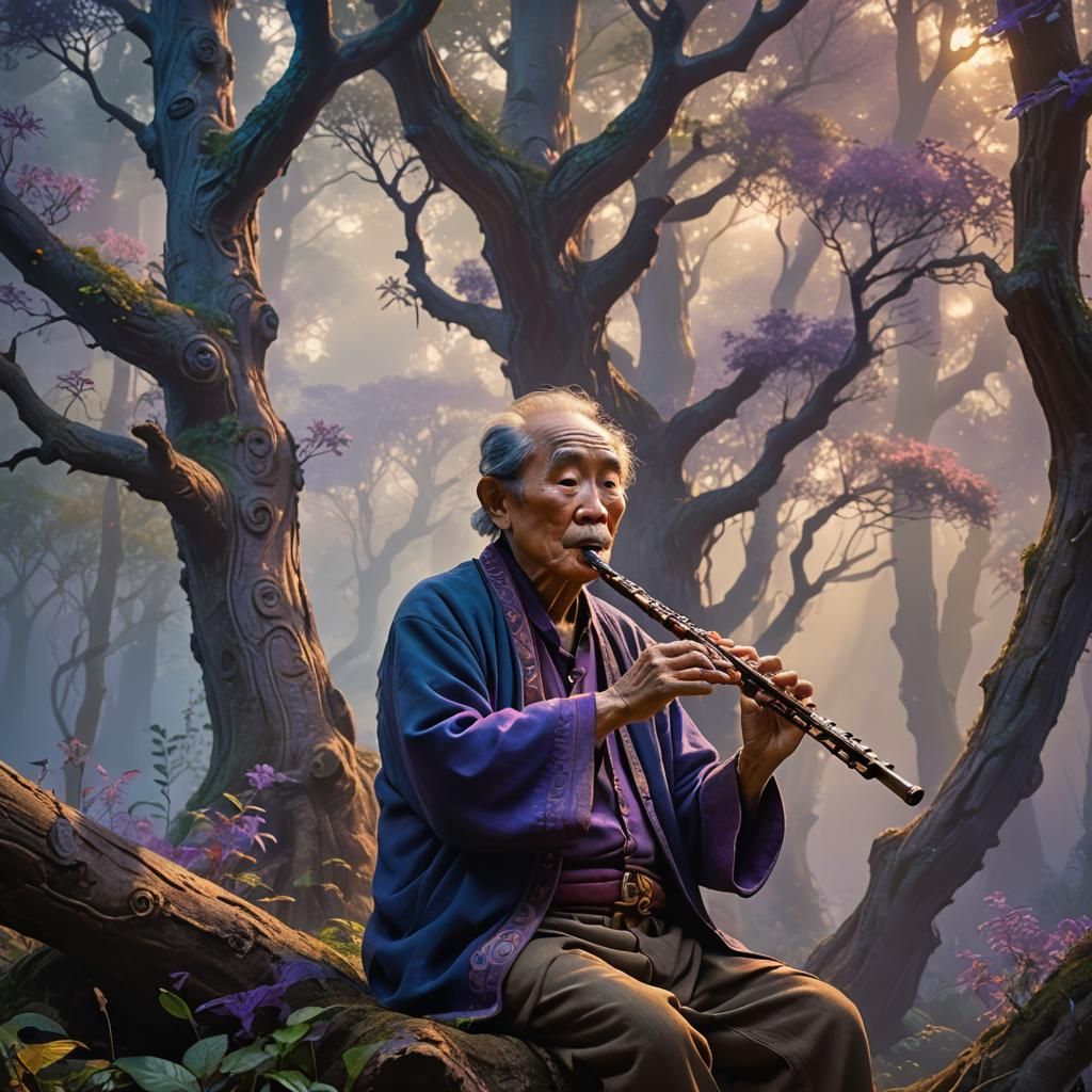 Serene Elderly Musician in Misty Forest: 3D Render