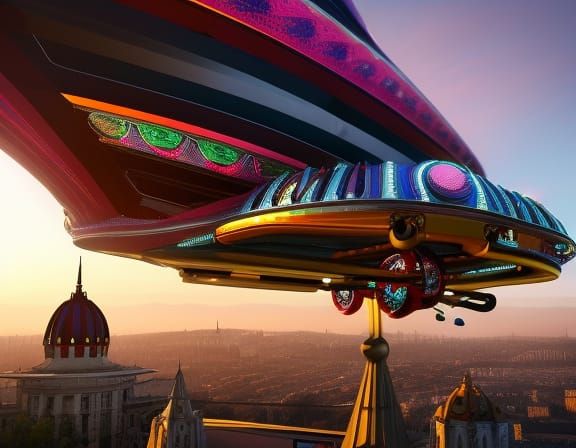 Steampunk Flying Bicycles Over Budapest, Hyperrealistic Art