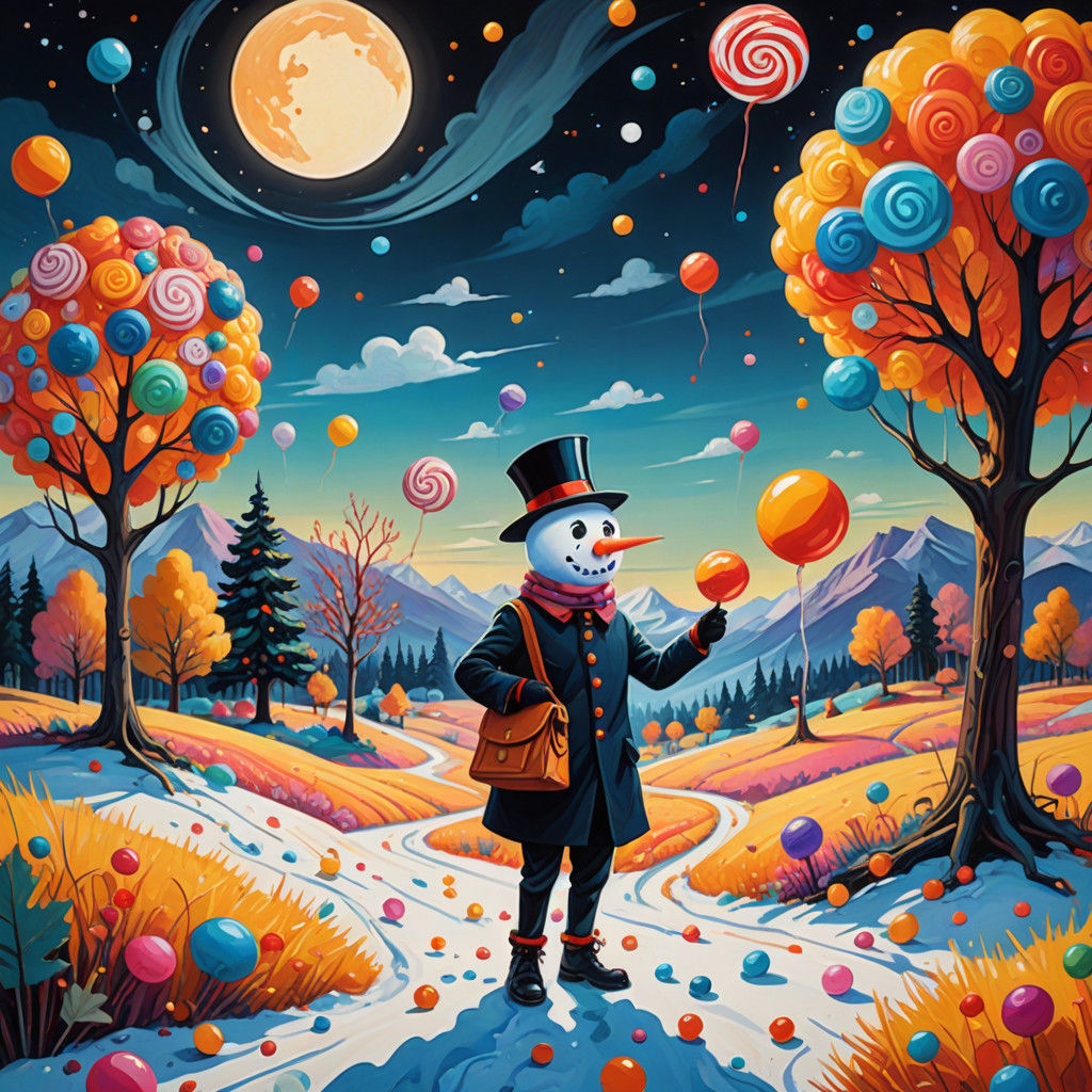 Whimsical Snowman Dealer in a Fantastical Landscape