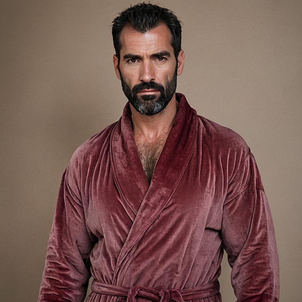 Stern Spanish Male in Carmine Red Velvet Robe