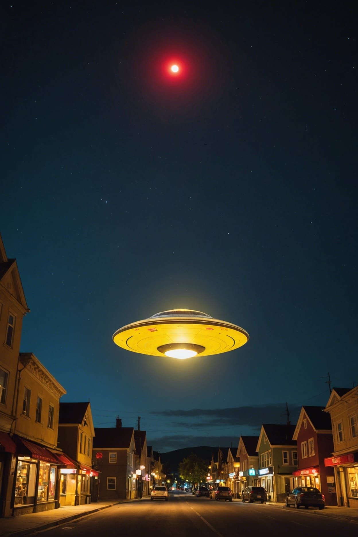 UFO Hovers Above Small Town at Night