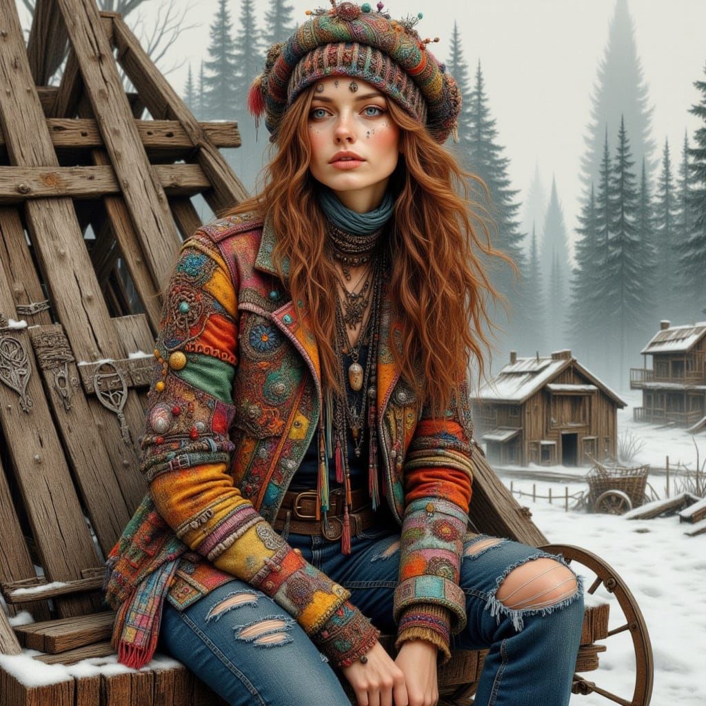 German Woman in Bohemian Style, Wearing Vibrant Patchwork Ja...