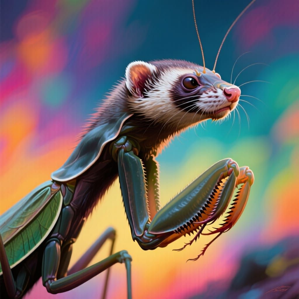 Hyperrealistic Ferret-Mantis Creature in Deep Colors