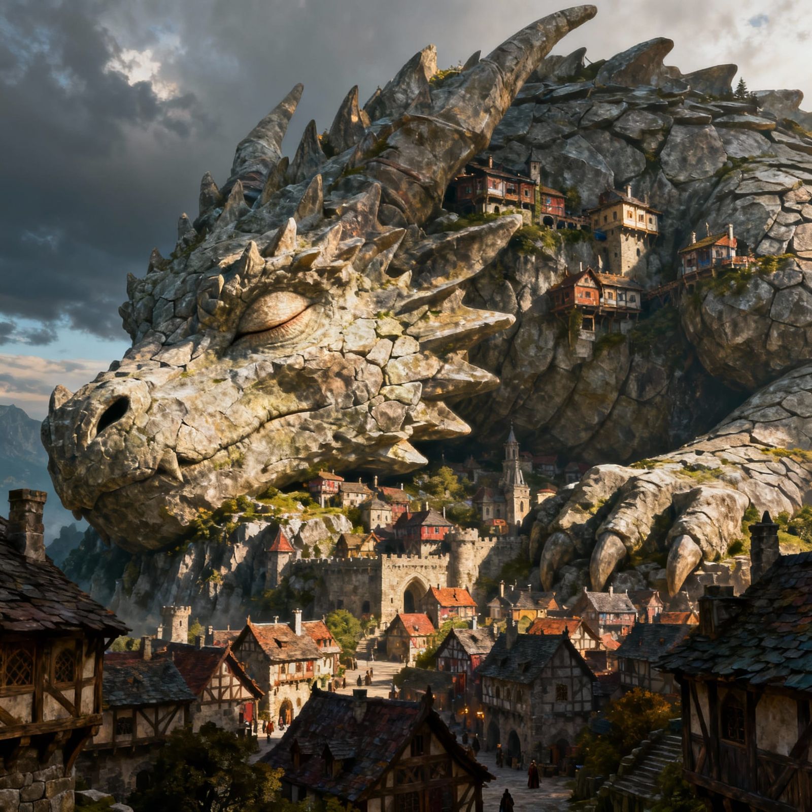 Fantasy Medieval Town Built on a Sleeping Stone Dragon Mount...