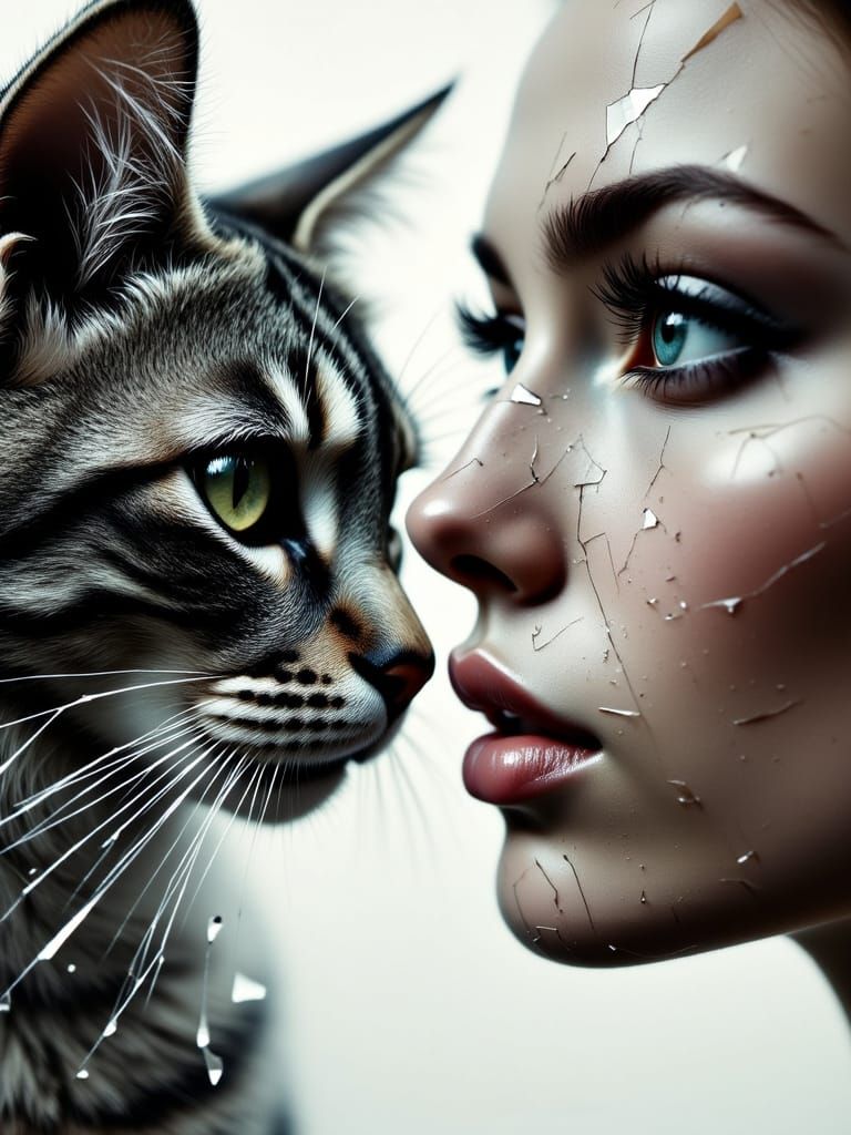 Surreal Double Exposure Masterpiece of a Cat and Woman