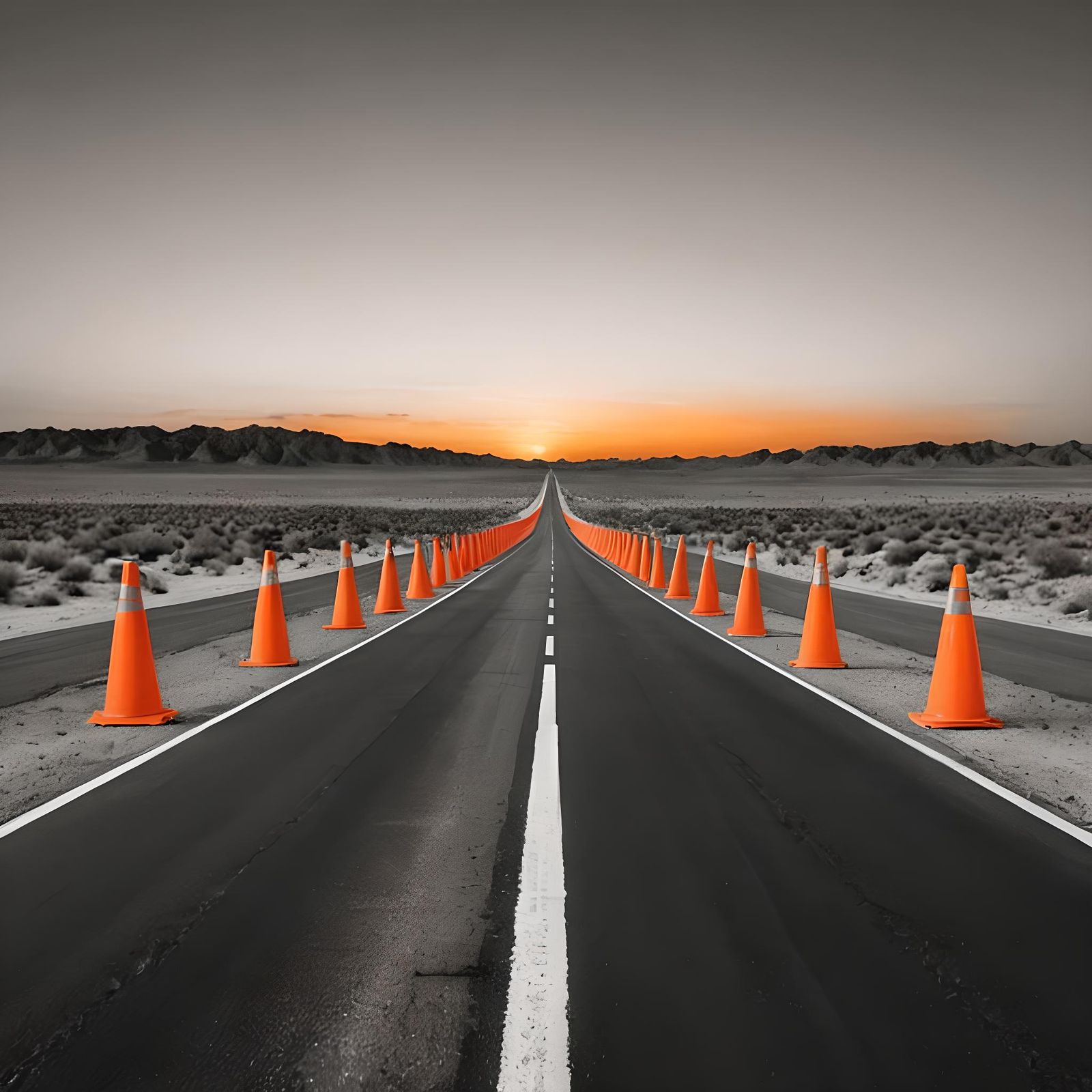 Orange Cones on Barren Desert Highway at Sunset