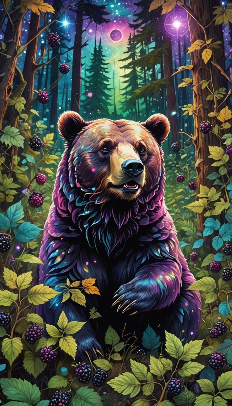 Bear in Blackberry Patch: Cosmic Holographic Illustration