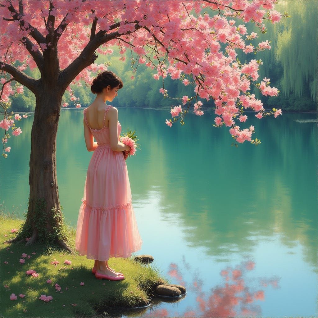 Woman by Pink Tree: Romantic Impressionist Emerald Lake