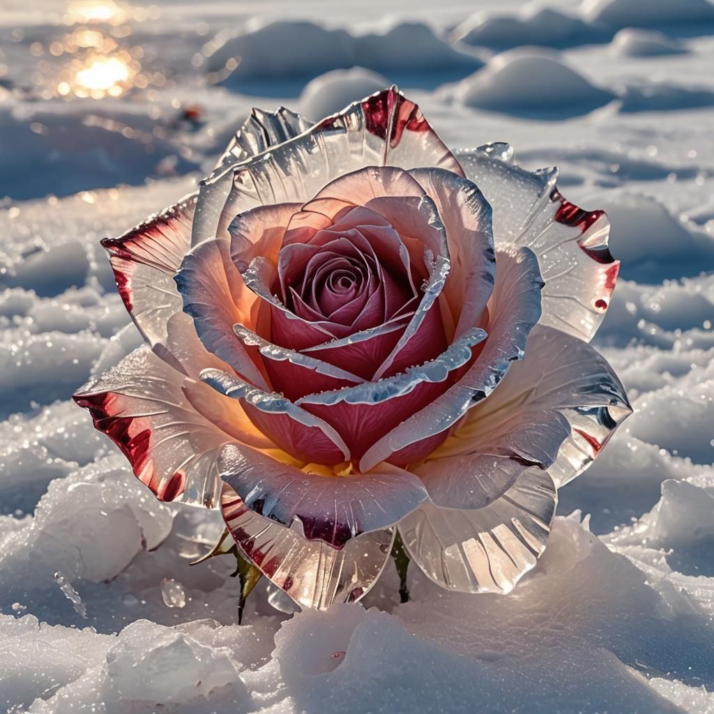 Icy Rose Melts in Sunlight on Snow