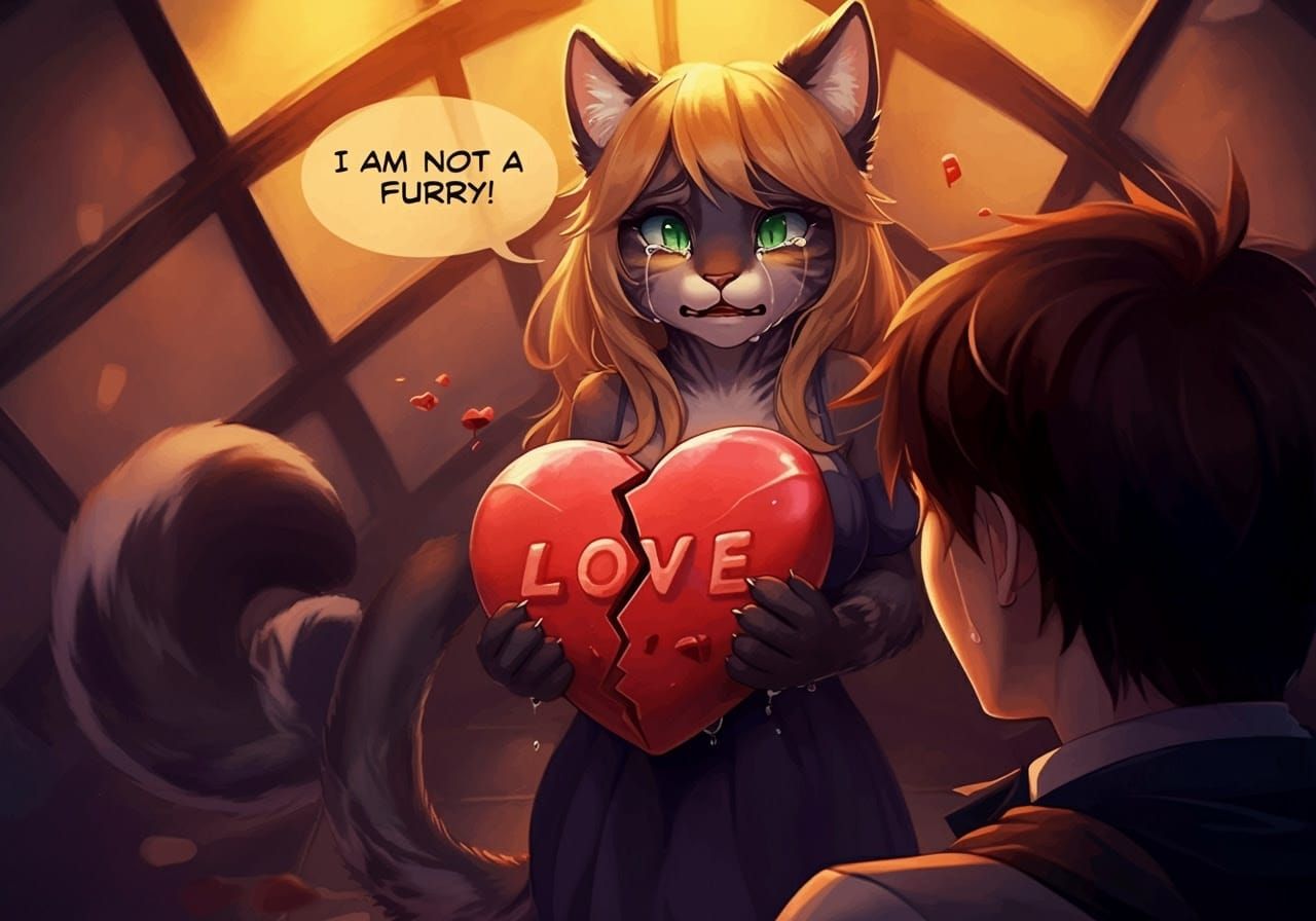 Cute Fantasy Anime Scene with Furry Cat and Distraught Young...